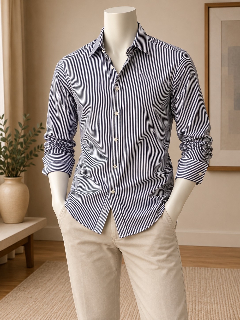 Ralph Lauren Purple Label Men 16 Navy White Stripe Dress Shirt Made Italy